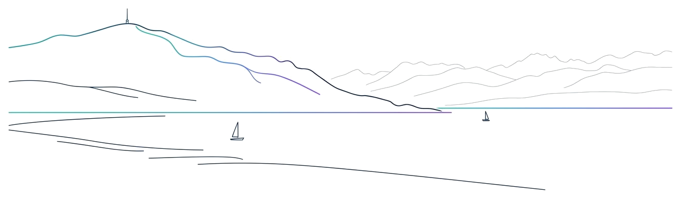 KI-generierte Illustration: Bodensee mit Pfänder und Bergen